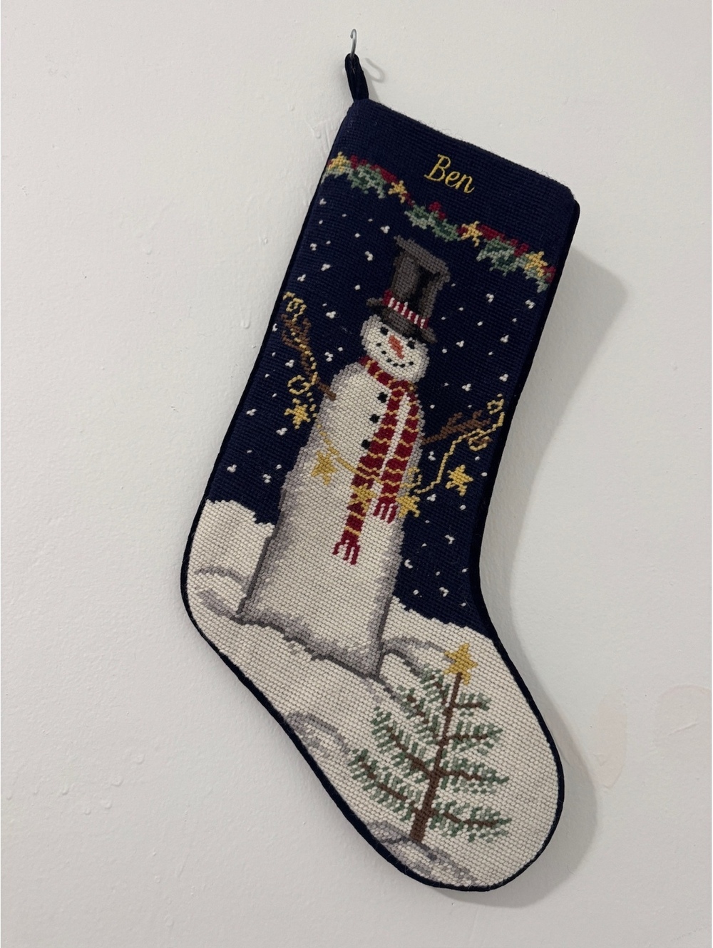 Vtg Lands' End Needlepoint Christmas Stocking, Snowman Pattern, Ben
